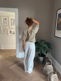 Almina strikket t-shirt med striber - Grøn/beige