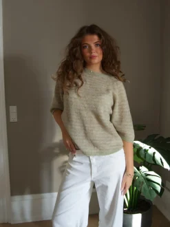 Almina strikket t-shirt med striber - Grøn/beige
