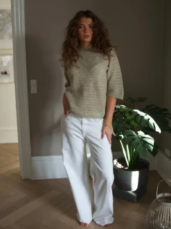 Almina strikket t-shirt med striber - Grøn/beige