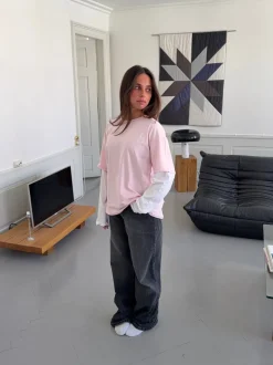 Amalie t-shirt med ærmer - Lyserød/hvid