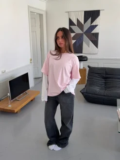 Amalie t-shirt med ærmer - Lyserød/hvid