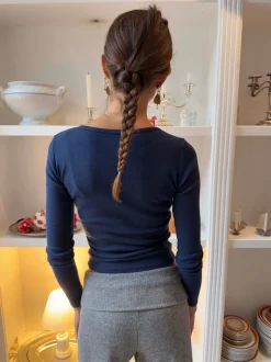 Amally langærmet bluse med broderede hjerter - Navy