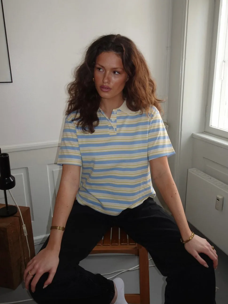 Autine stribede polo t-shirt - Gul/Lyseblå/Beige