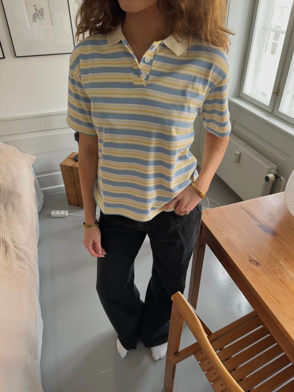 Autine stribede polo t-shirt - Gul/Lyseblå/Beige