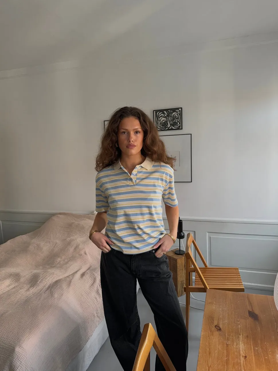 Autine stribede polo t-shirt - Gul/Lyseblå/Beige