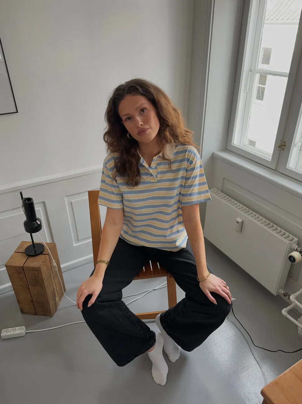 Autine stribede polo t-shirt - Gul/Lyseblå/Beige