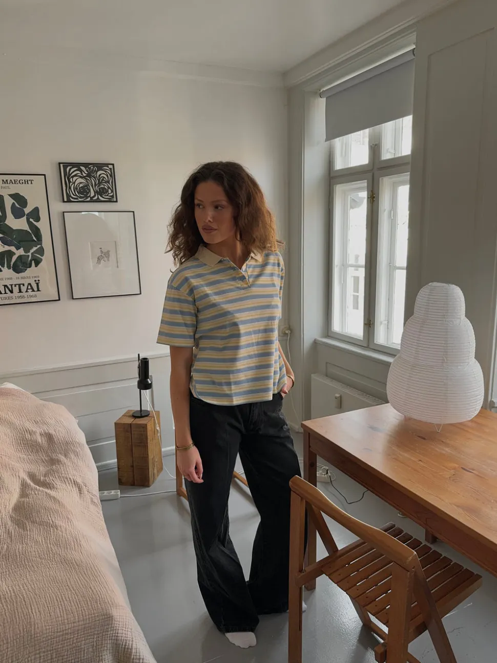 Autine stribede polo t-shirt - Gul/Lyseblå/Beige