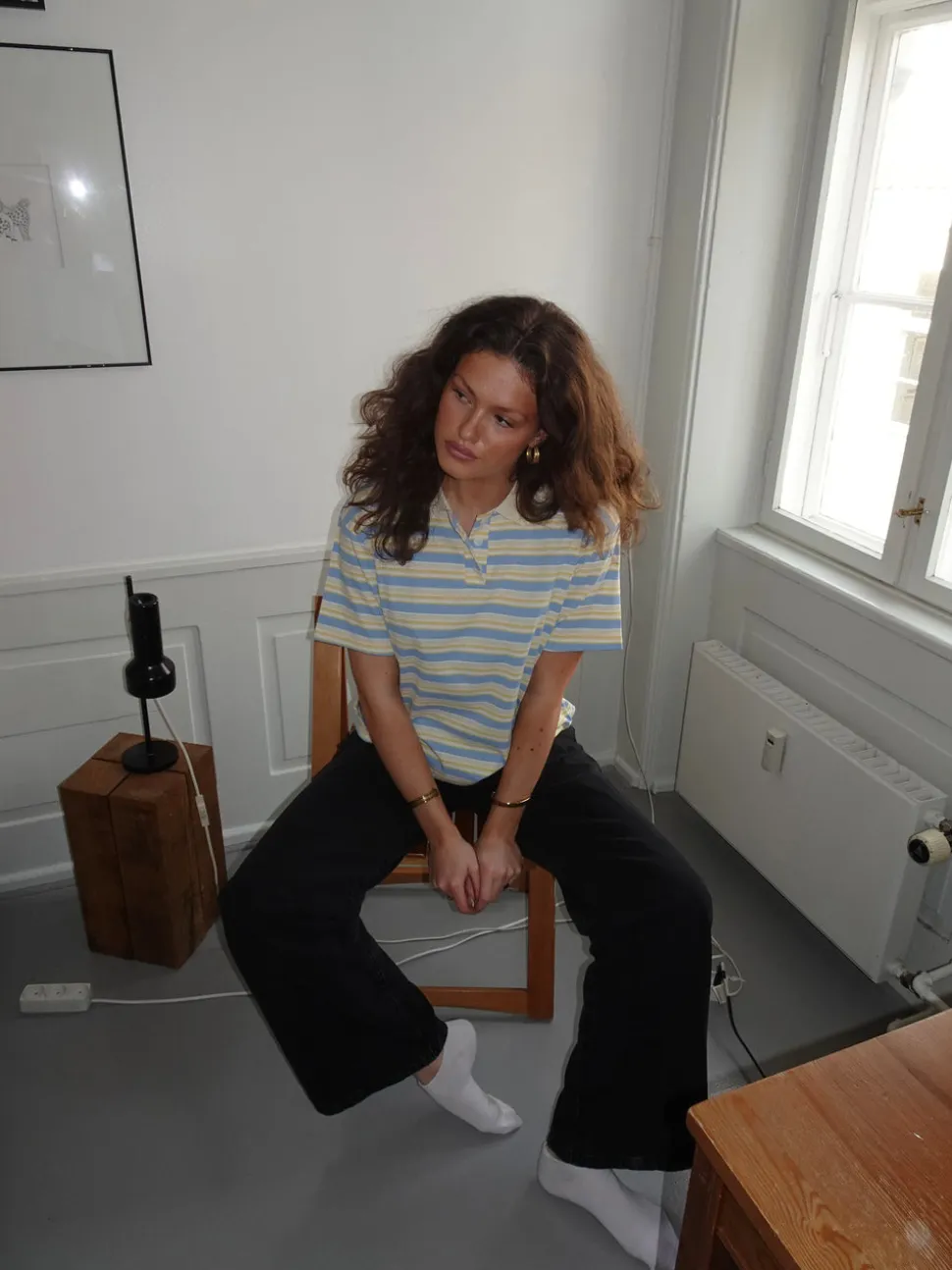 Autine stribede polo t-shirt - Gul/Lyseblå/Beige
