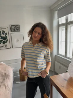 Autine stribede polo t-shirt - Gul/Lyseblå/Beige
