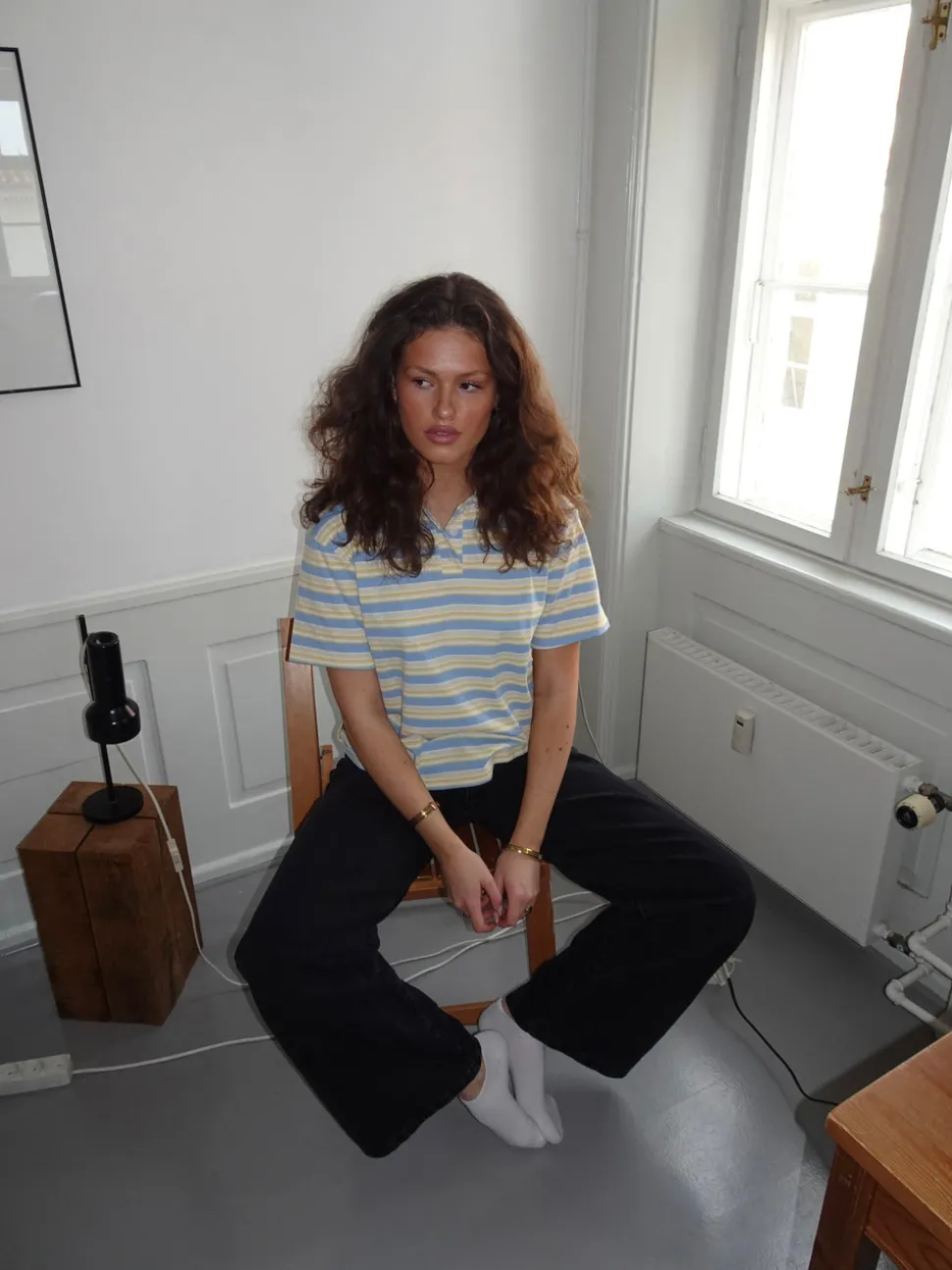 Autine stribede polo t-shirt - Gul/Lyseblå/Beige