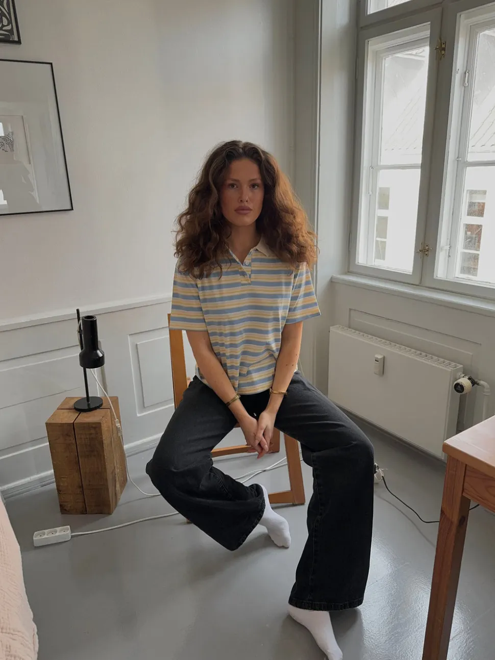 Autine stribede polo t-shirt - Gul/Lyseblå/Beige