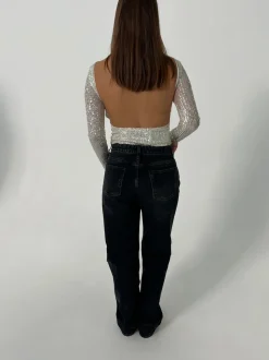 Babette pallietbluse med åben ryg - Sølv