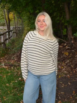Calva striktrøje med striber - Beige/sort