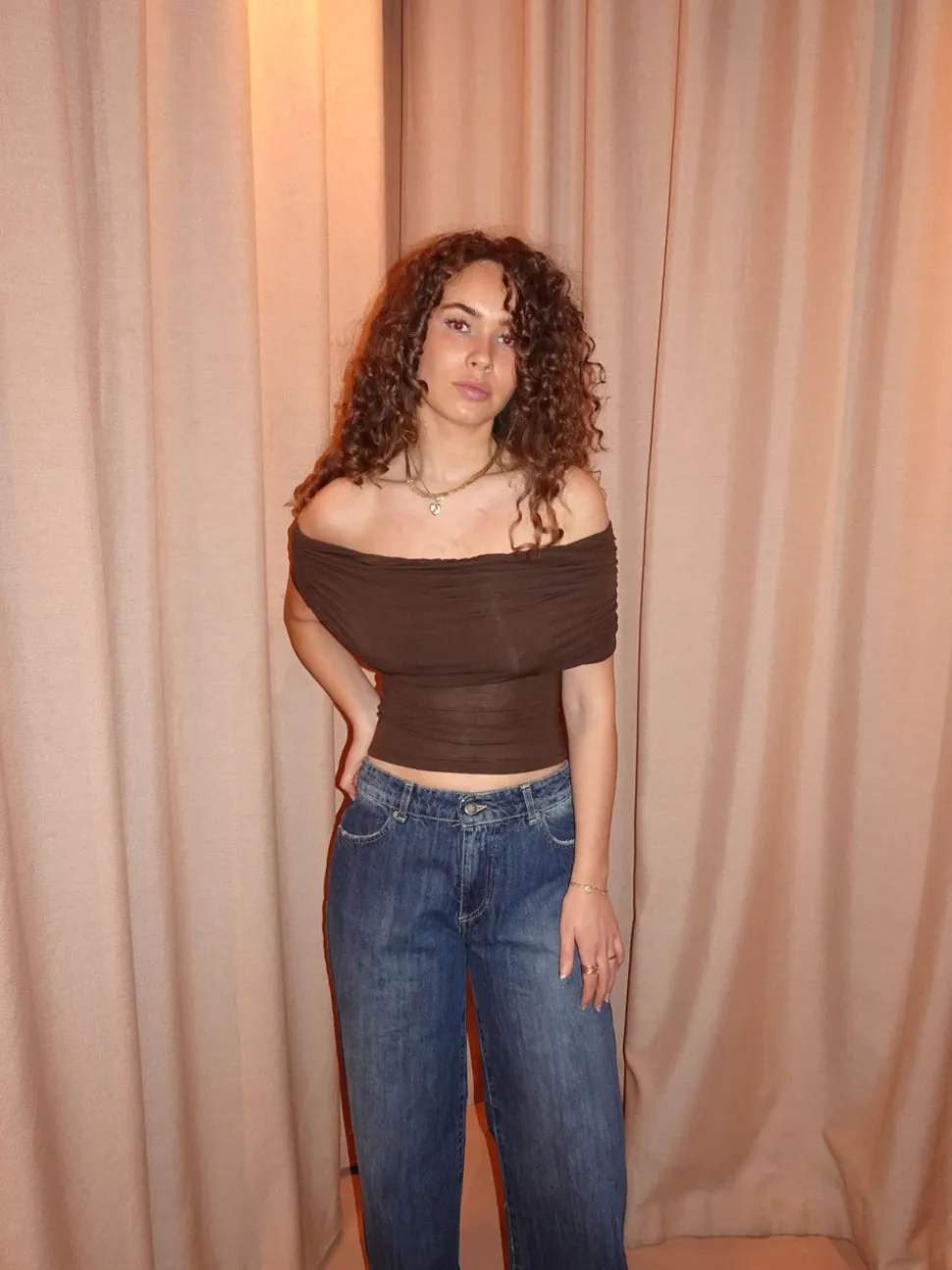 Celora off shoulder top - Brun