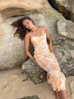 Charline satinkjole - Hvid/orange