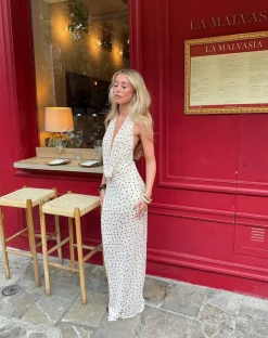 Eliva maxikjole med polkaprikker - Off white/sort