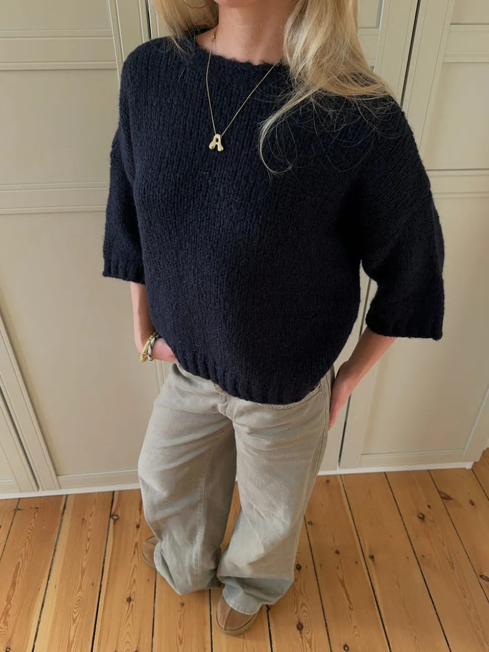 Hedvig striktrøje med korte ærmer - Navy