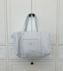 Honey stor taske med crossbody strop - Hvid med blå striber