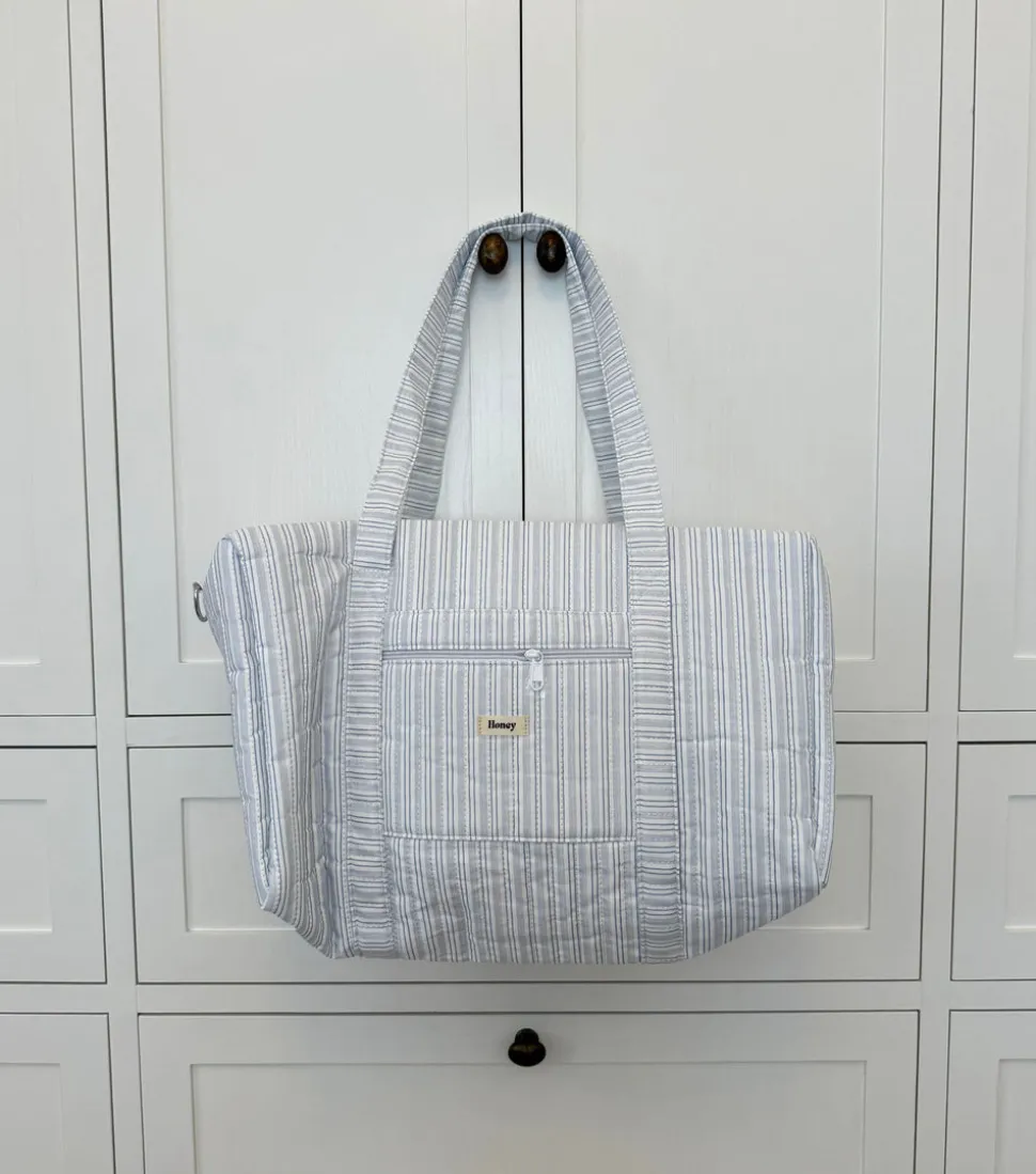 Honey stor taske med crossbody strop - Hvid med blå striber