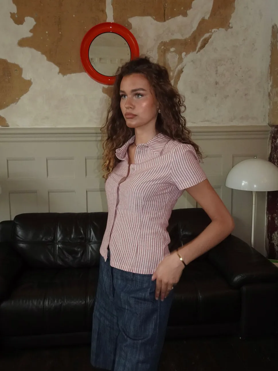 Josephine figursyet skjorte med korte ærmer - Rød/hvid