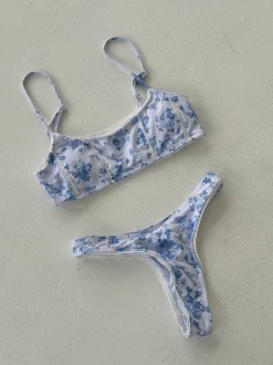 Kamille bikini med blomster - Hvid/blå