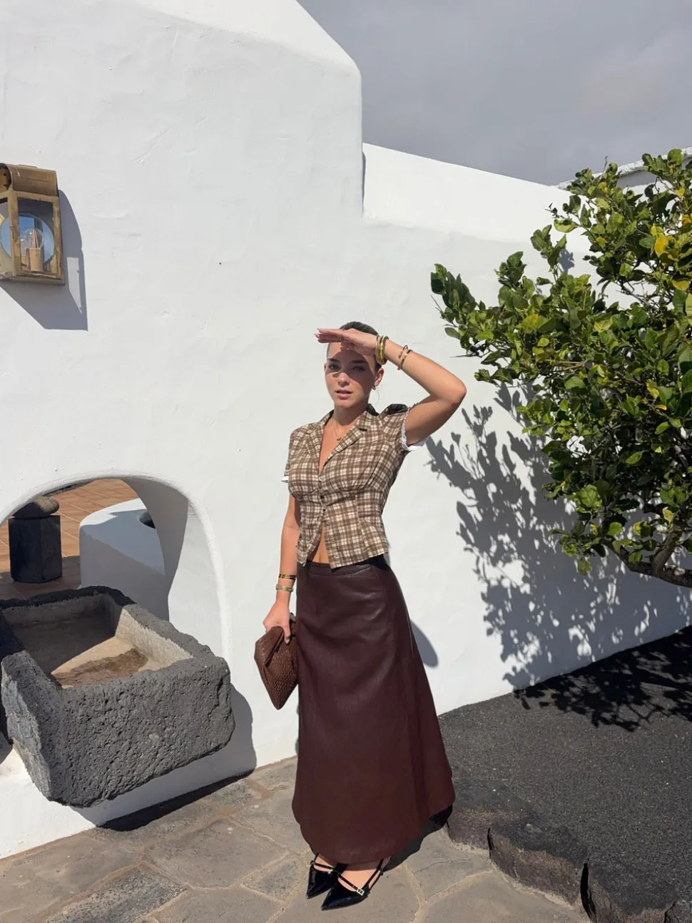 Kassandra figursyet skjorte med tern - Brun/hvid