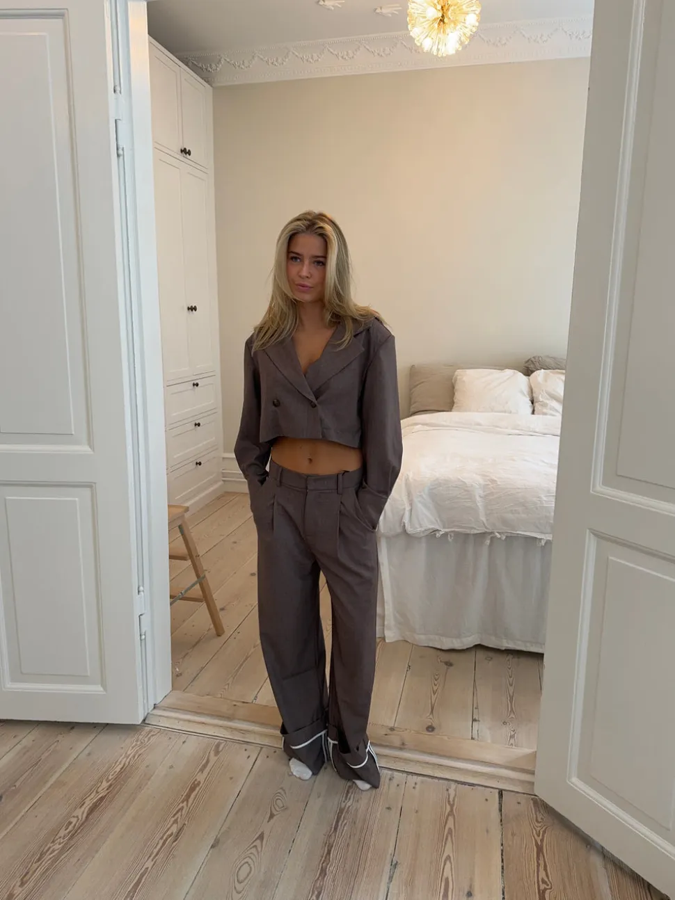 Katrine cropped blazer - Brun melange