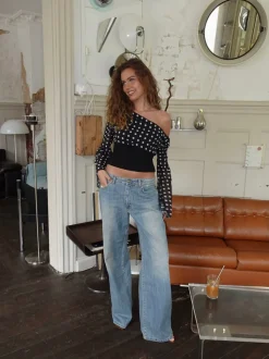 Kimmie langærmet bluse med polkaprikker - Sort/hvid