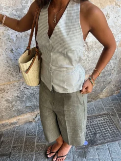 Klara halterneck top med tern - Hvid/grøn