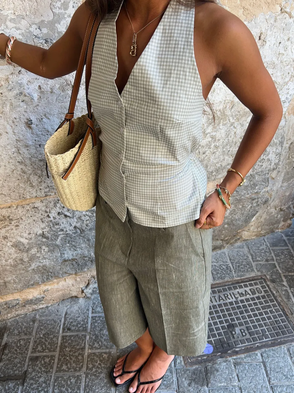 Klara halterneck top med tern - Hvid/grøn