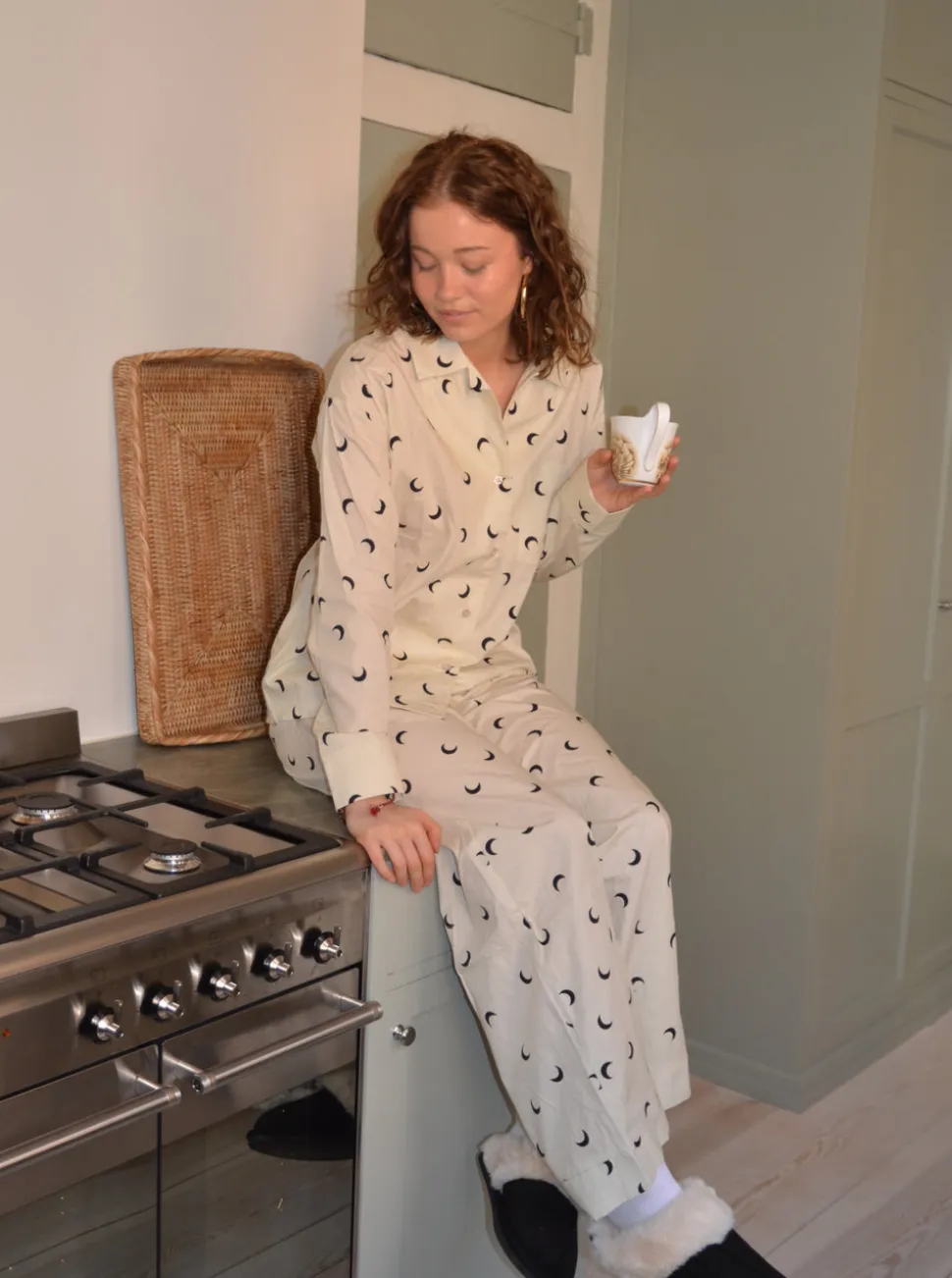 Kyla pyjamasskjorte med halvmåner - Beige