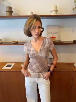Leonorita top med ternet mønster - Beige/brun
