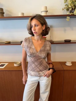 Leonorita top med ternet mønster - Beige/brun
