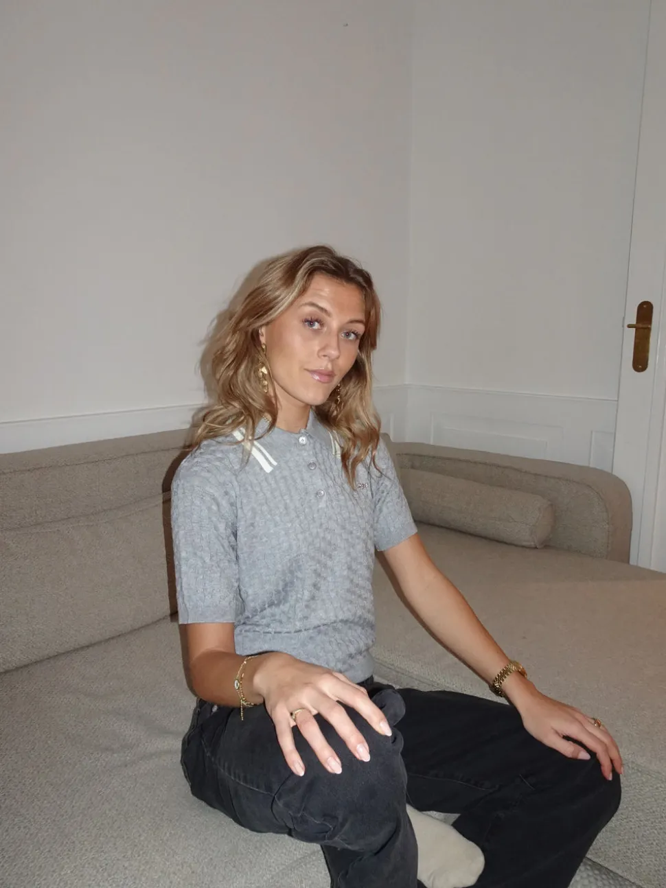 Leontine kabelstrikket polo - Grå