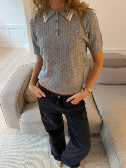 Leontine kabelstrikket polo - Grå