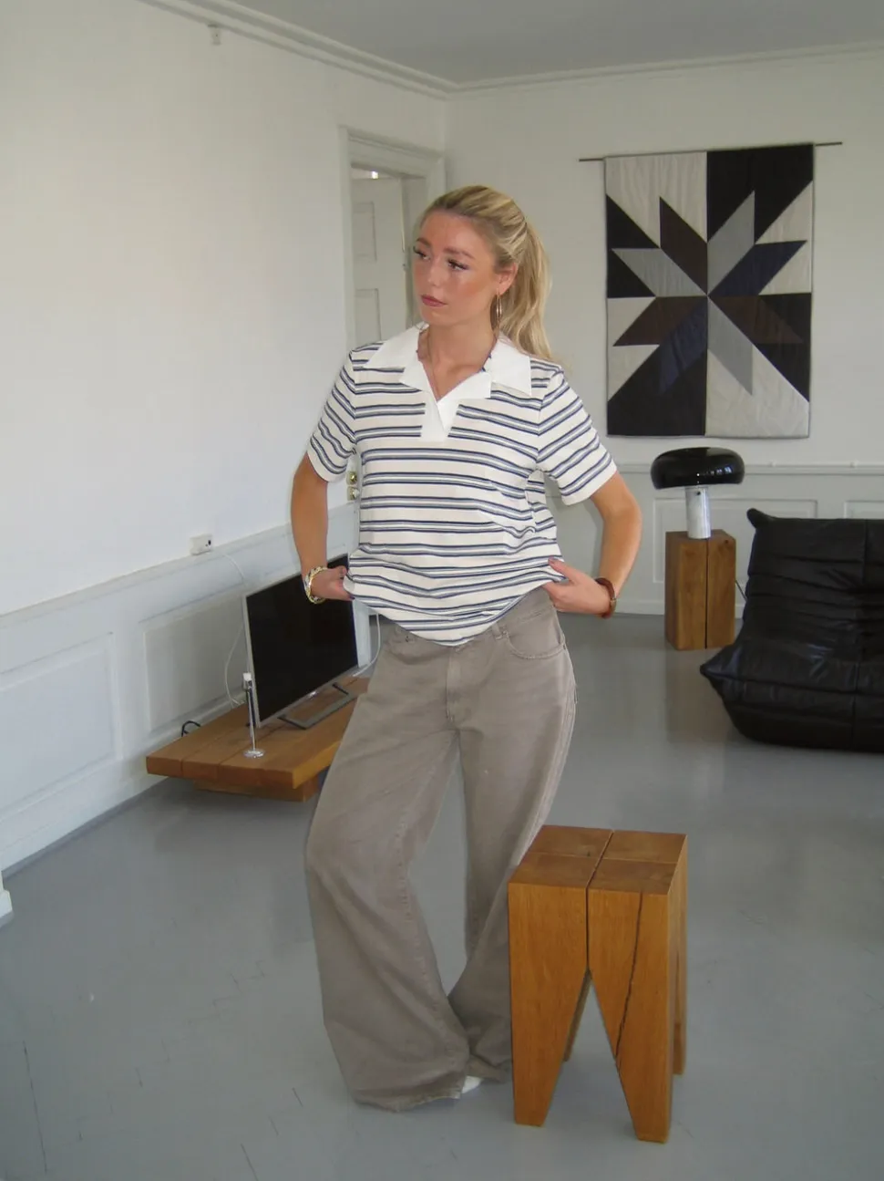 Line polo med striber - Hvid/beige/navy