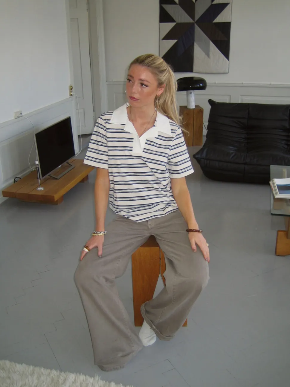 Line polo med striber - Hvid/beige/navy