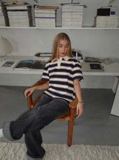 Linna polo med striber - Navy/beige/rød