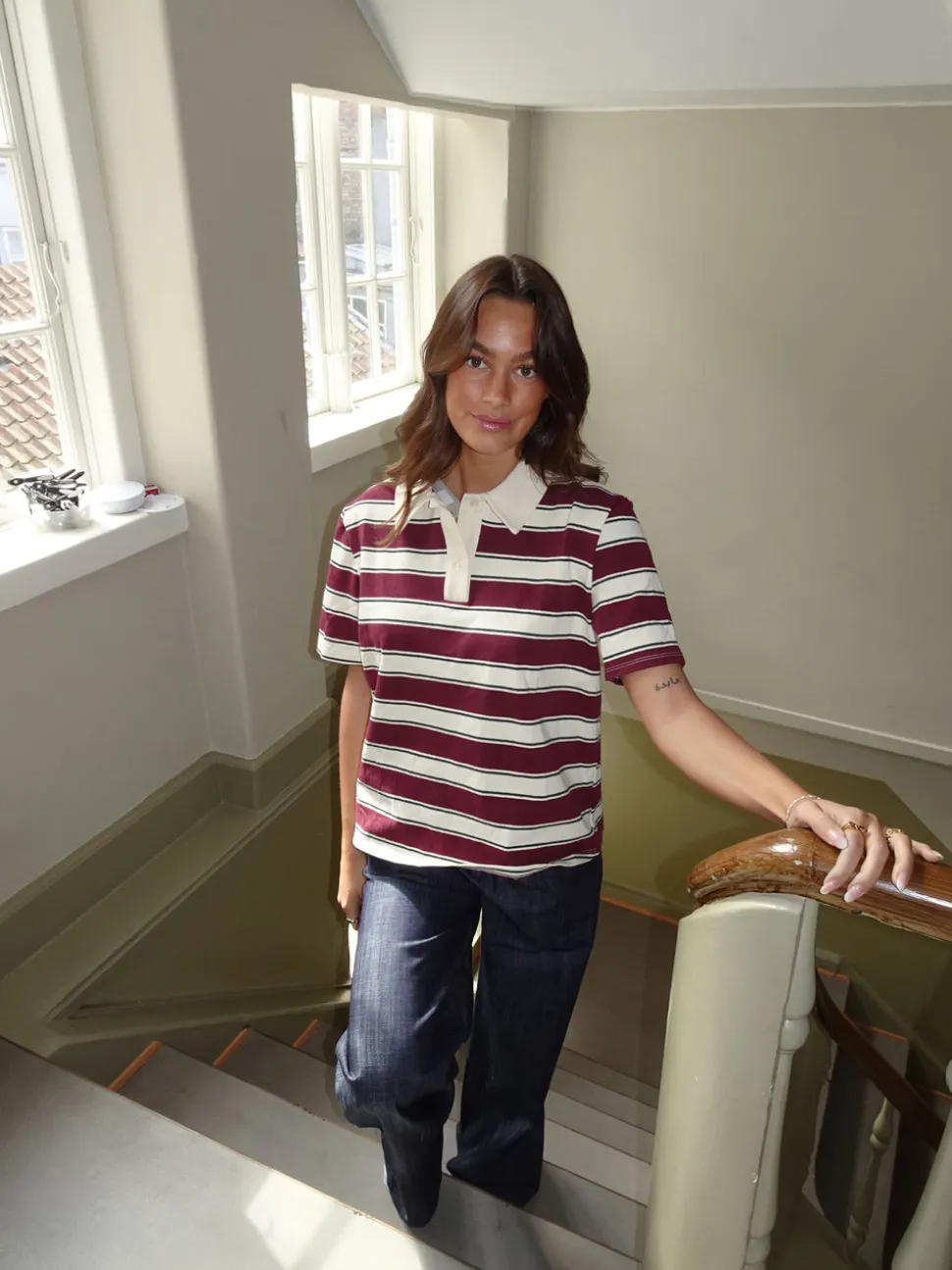 Linna polo med striber - Rød/beige/navy