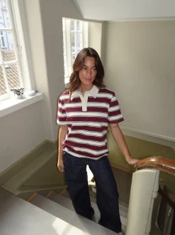 Linna polo med striber - Rød/beige/navy