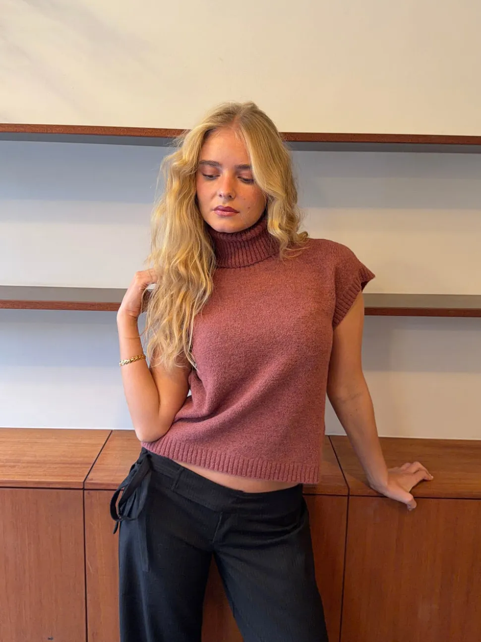 Linua vest med turtleneck - Rust/lyserød