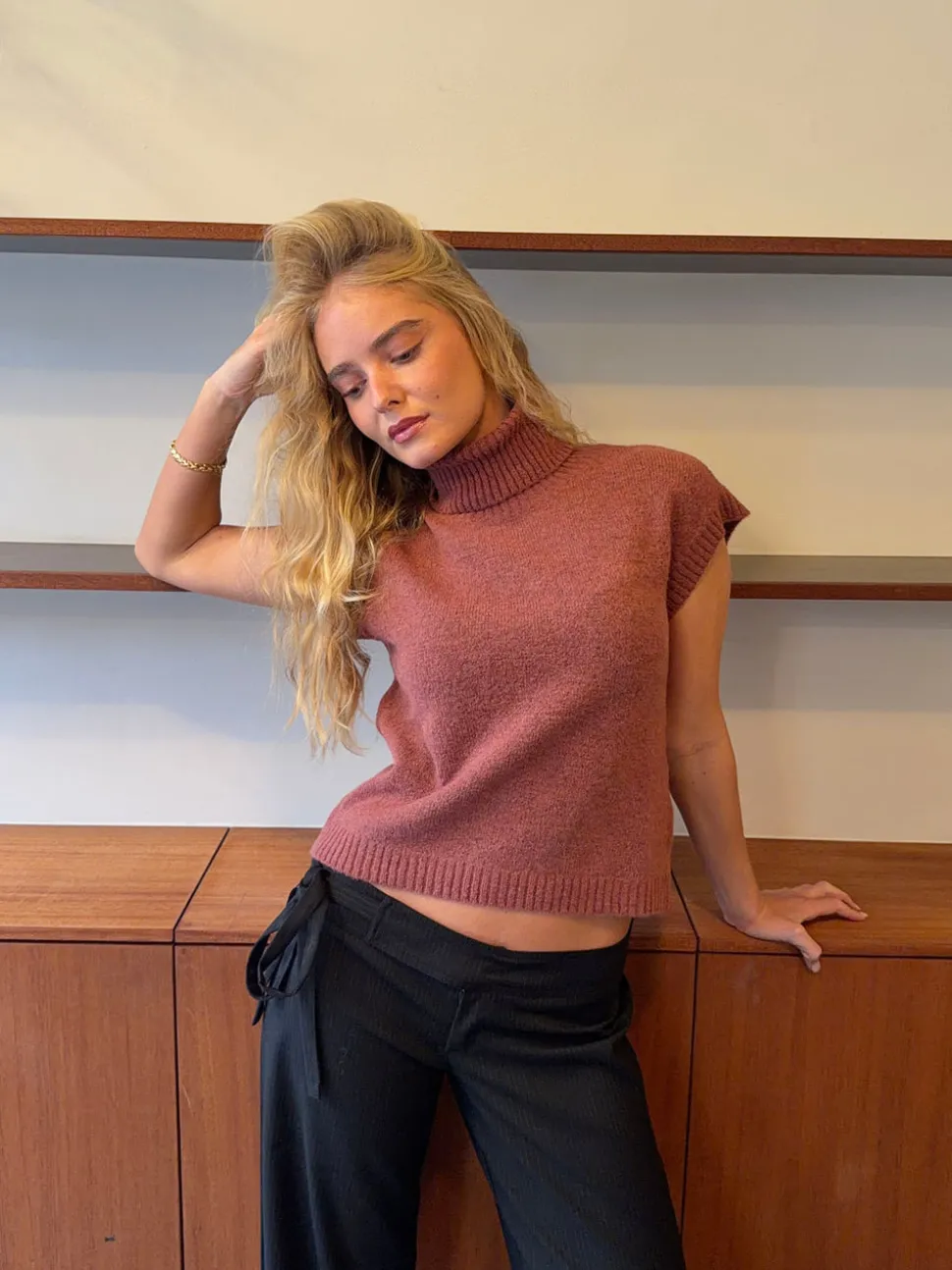 Linua vest med turtleneck - Rust/lyserød