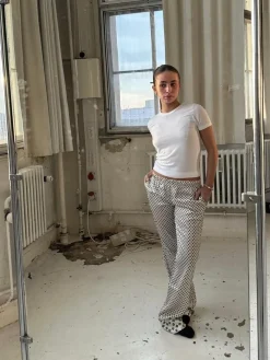 Lona lavtaljet satin bukser - Off-white/grøn