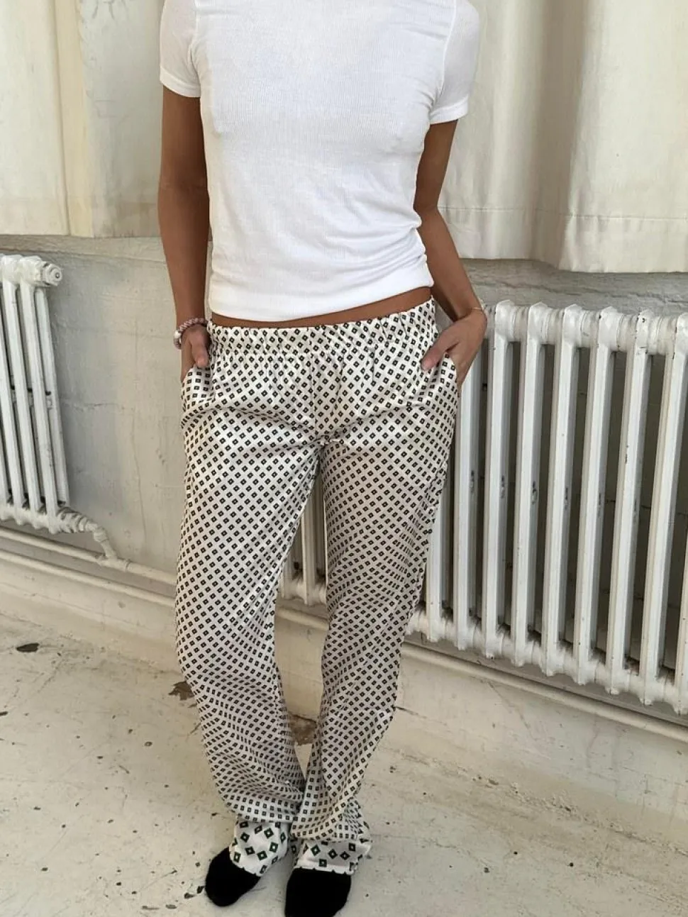 Lona lavtaljet satin bukser - Off-white/grøn