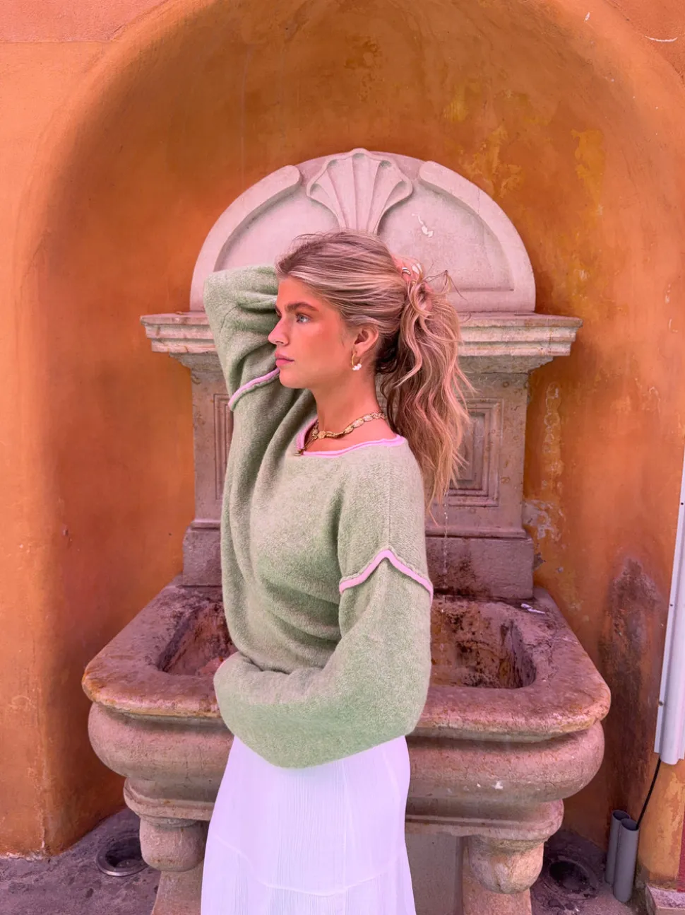 Ludovica striktrøje med detaljer - Grøn/pink