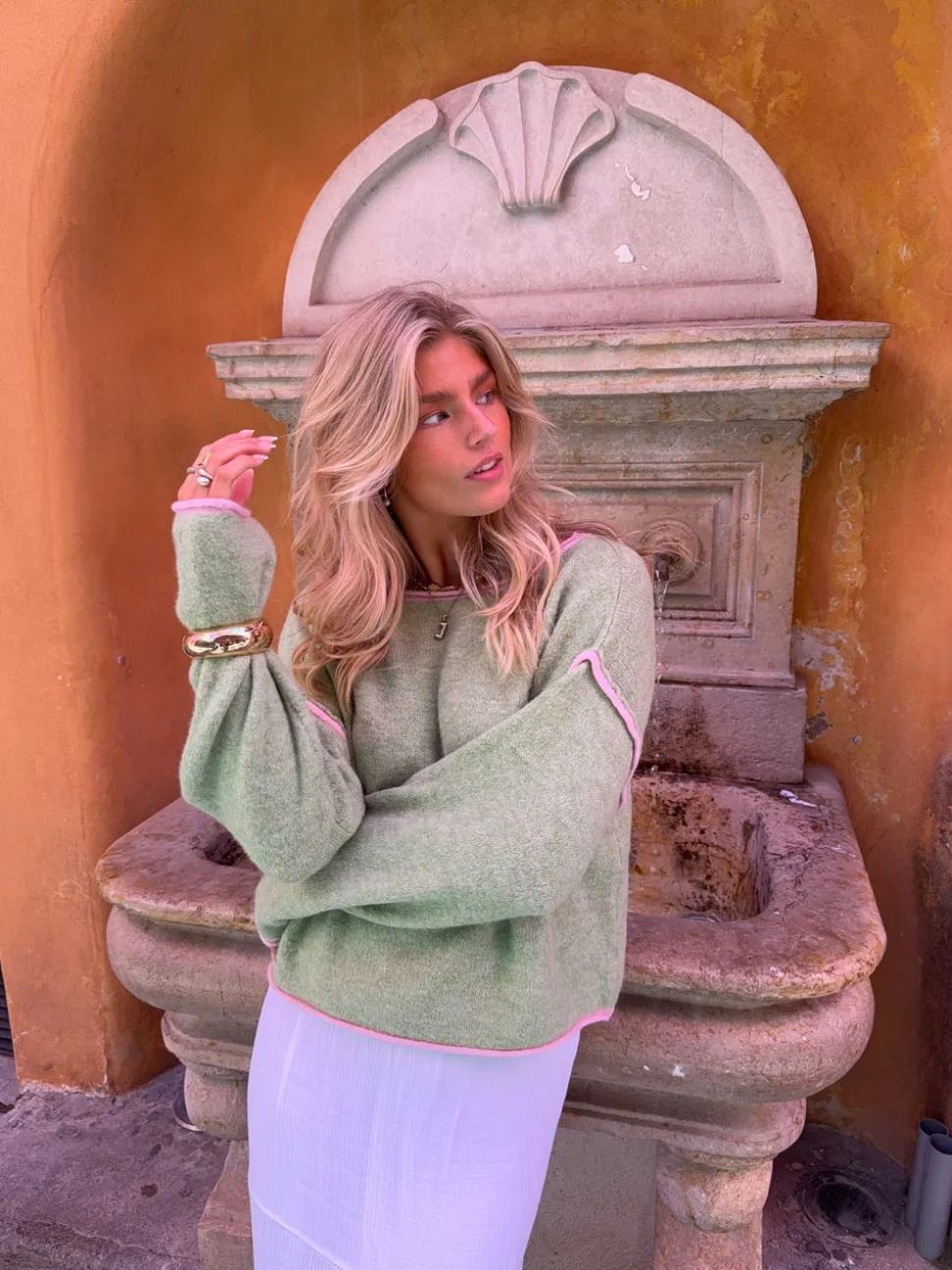 Ludovica striktrøje med detaljer - Grøn/pink