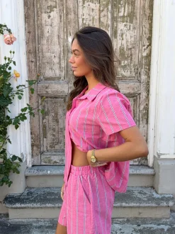 Luliana kortærmet skjorte med striber - Pink/hvid/sort