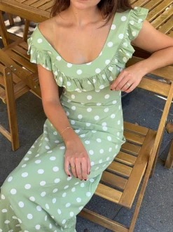 Luna kjole med polkaprikker - Grøn/hvid