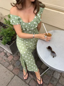 Luna kjole med polkaprikker - Grøn/hvid