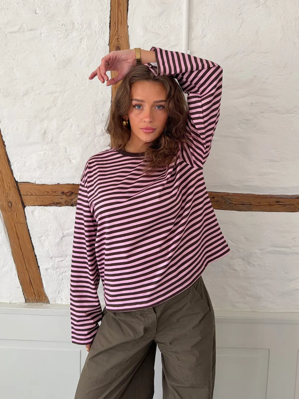 Main character energy bluse med striber - Pink/brun/gul